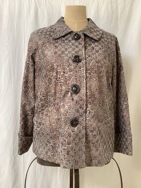 Erin London Top Jacket-Taupe Gray w/Gold Animal Print-Lined-Raglan Sleeves-Small